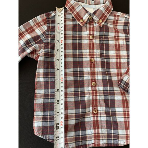 ~ Janie and Jack 12-18mo Button Down Shirt Plaid Blue Navy Burgundy Tan Cotton - Picture 4 of 7